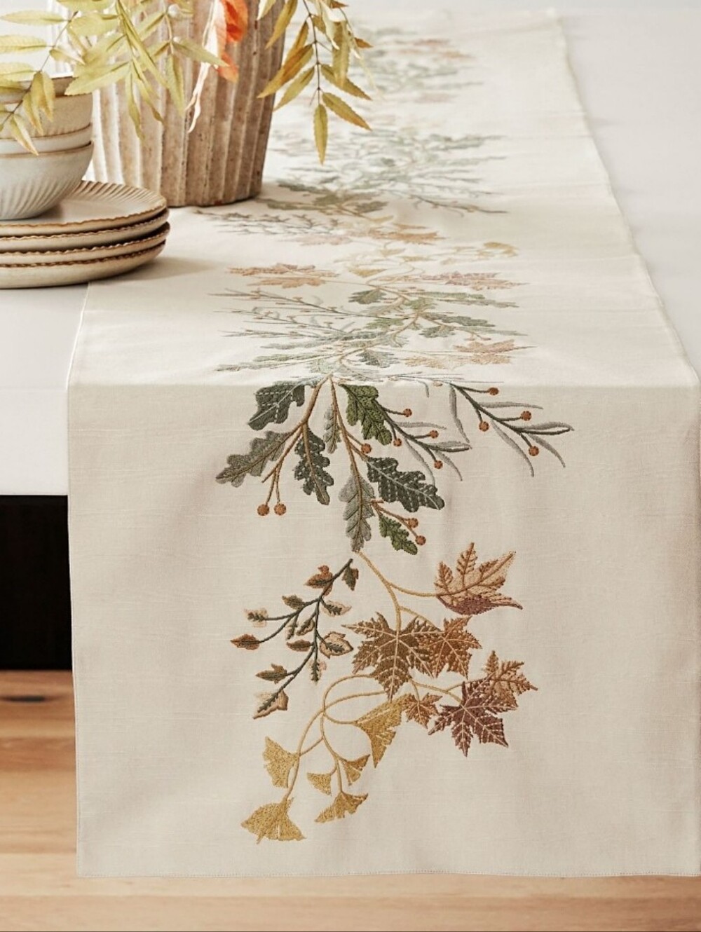 Pottery Barn Autumnal Botanical Cotton Linen Table Runner